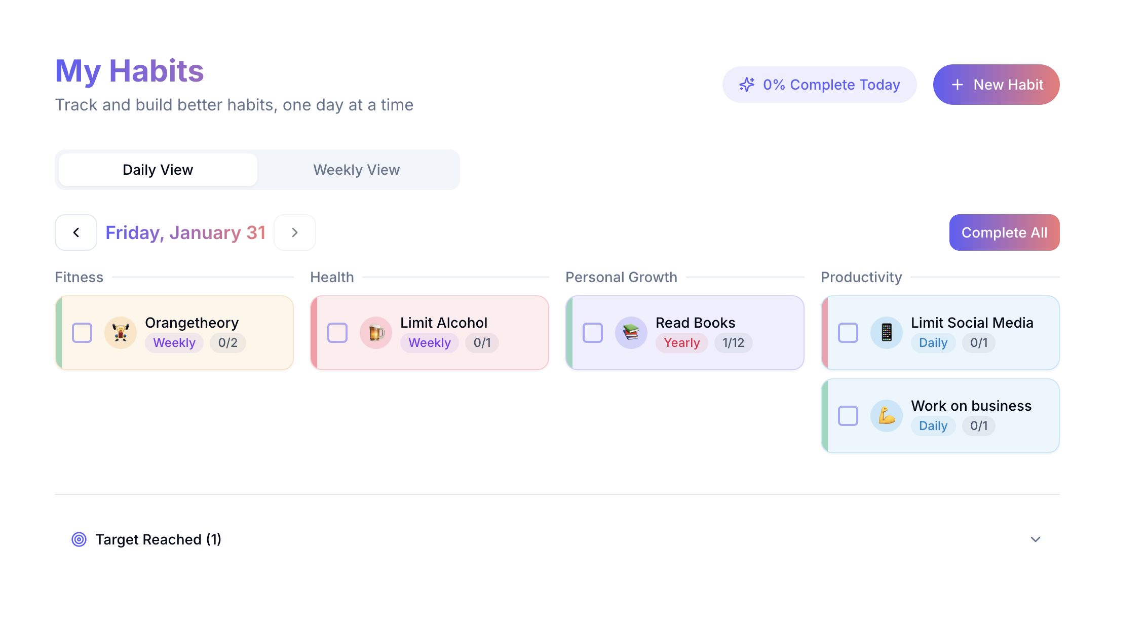 Daily habit tracking view
